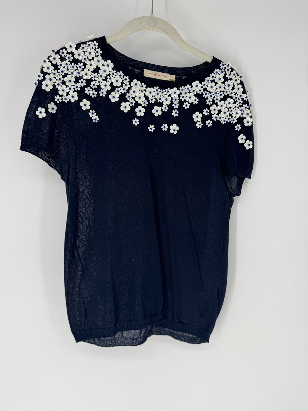 Tory Burch Navy Short Sleeve Tee with White Floral Appliqués